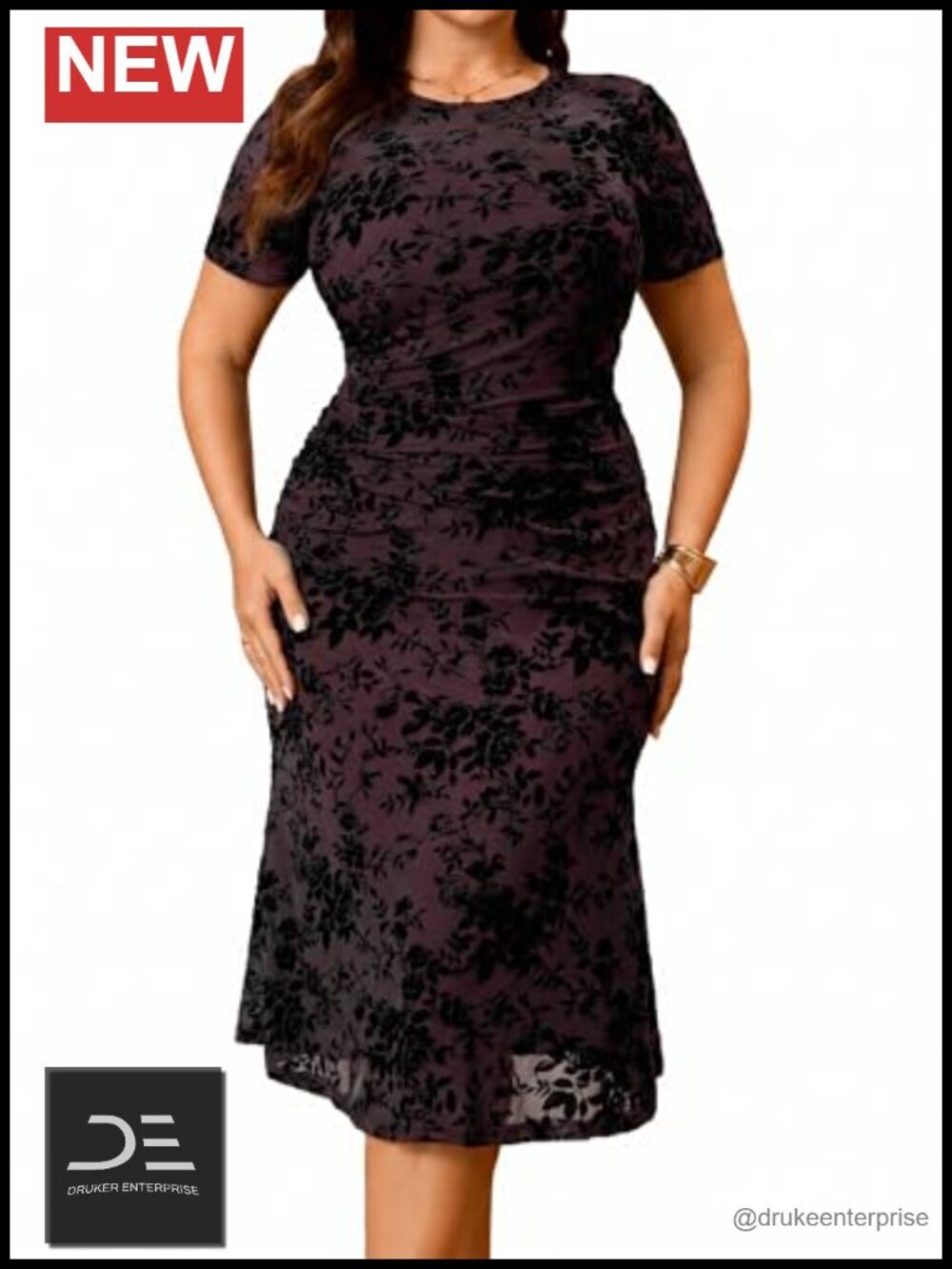 Plus Size Bodycon Wedding Guest Dress with Floral Mesh, Short Sleeve, Crew